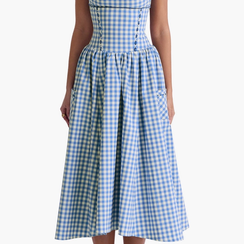 House of CB Blue and White Gingham Midi Dress